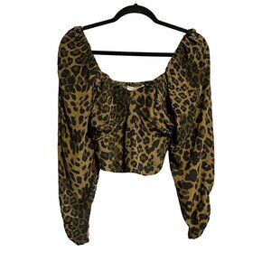 Mango MNG Leopard Animal Print Ruched Sleeve Smocked Back Top NWT Size 4